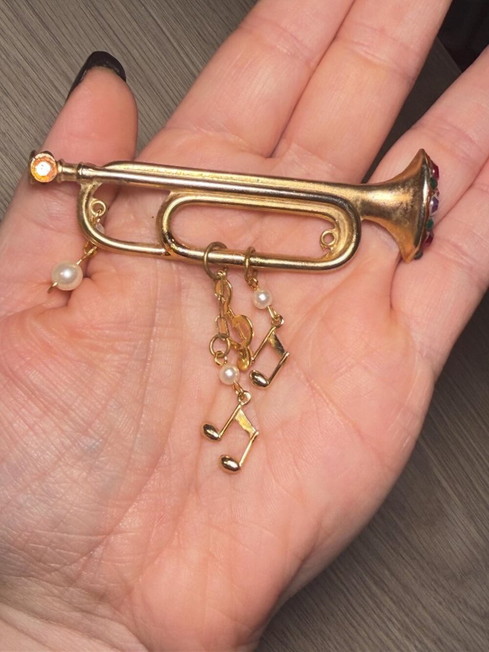 Trumpet Brooch Vintage Music Note Dangles AB Rhinestones Upcycled Pin 3.25”
